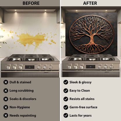 Brushed Roots Tempered Glass Backsplash – Copper Look Tree of Life Kitchen Backsplash
