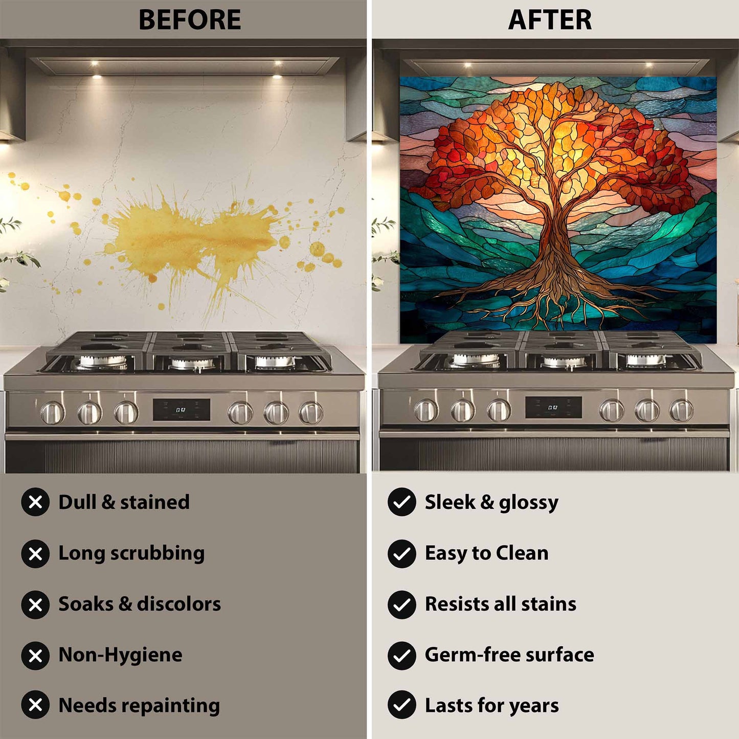 Luminous Flame Tree Glass Backsplash – Tempered Glass Backsplash for Kitchen Stove