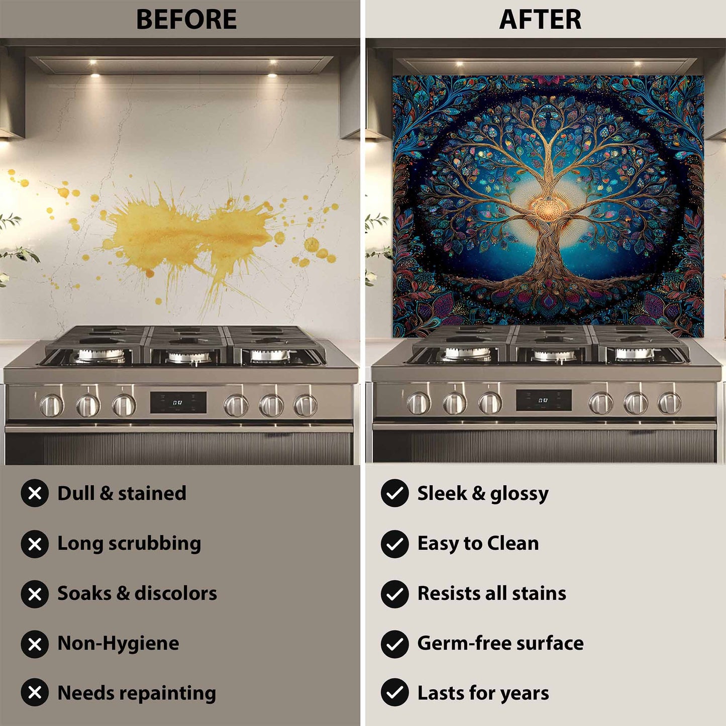 Celestial Bloom Tree Tempered Glass Backsplash – Back Splashes for Kitchen