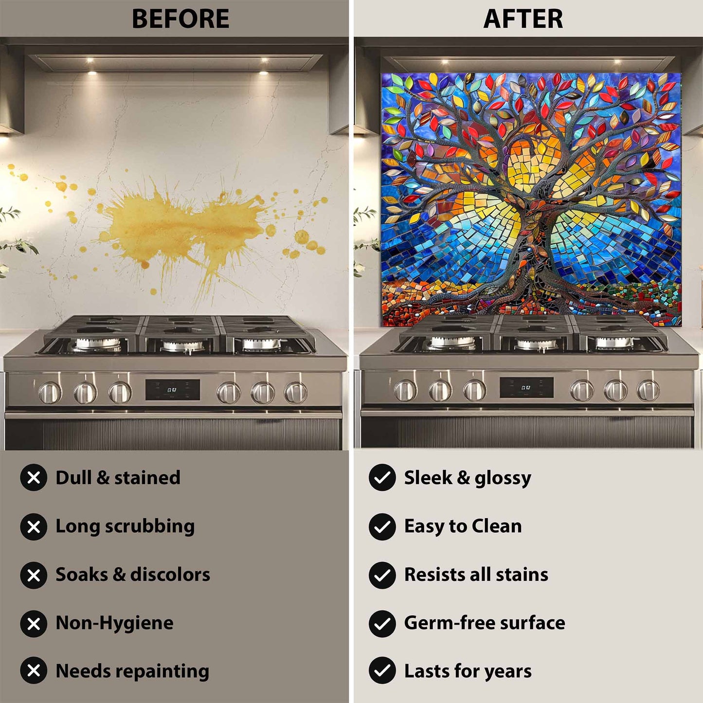 Mosaic Sunrise Tree Tempered Glass Backsplash – Kitchen Stove Backsplash