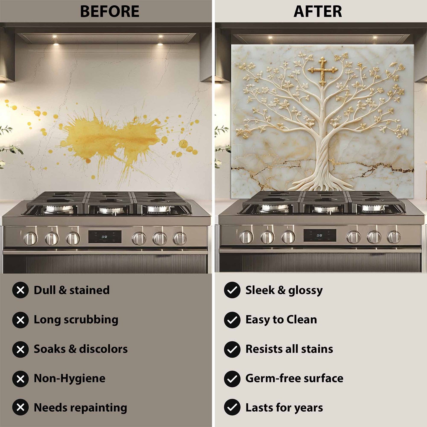 Divine Ivory Tempered Glass Backsplash – Gold Cross Tree of Life Kitchen Backsplash