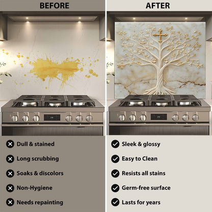 Divine Ivory Tempered Glass Backsplash – Gold Cross Tree of Life Kitchen Backsplash