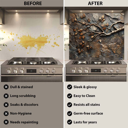 Custom Kitchen Backsplash – Bronze Branches Tempered Glass Stove Backsplash