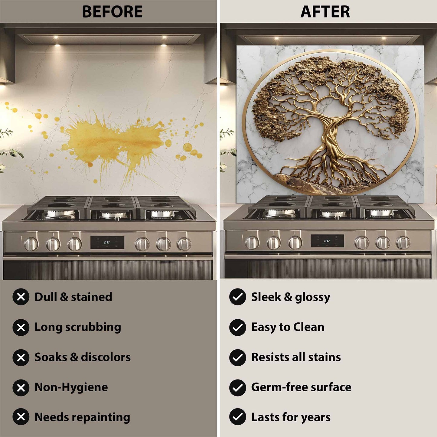 Golden Marble Tree Kitchen Backsplash – Tempered Glass Backsplash for Stove