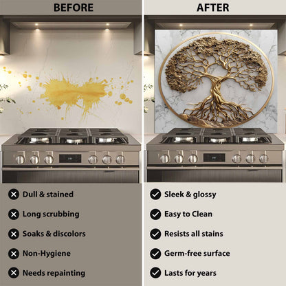 Golden Marble Tree Kitchen Backsplash – Tempered Glass Backsplash for Stove