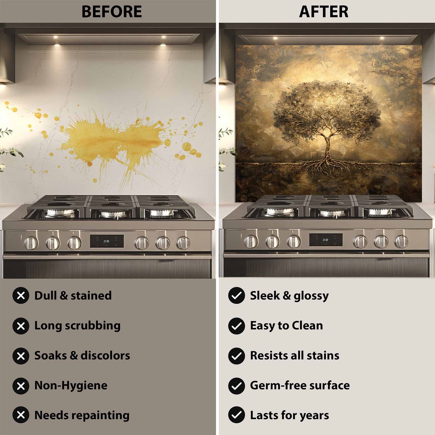 Golden Aura Tempered Glass Backsplash – Tree of Life Kitchen Backsplash