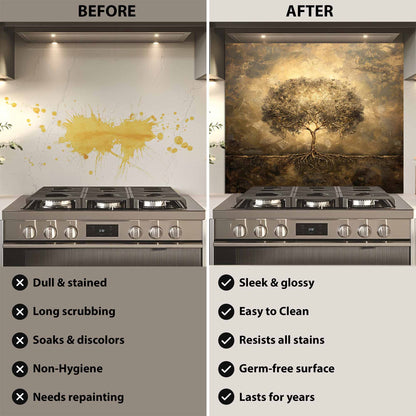 Golden Aura Tempered Glass Backsplash – Tree of Life Kitchen Backsplash