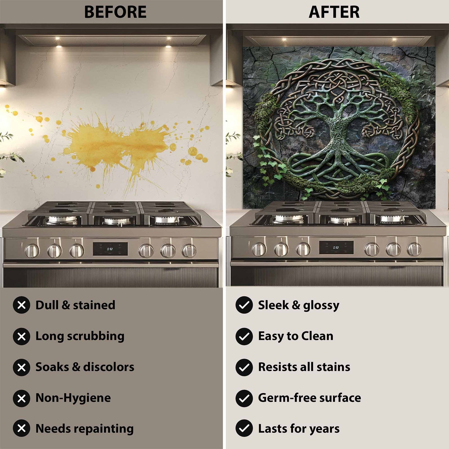 Celtic Roots Tempered Glass Backsplash – Tree of Life Kitchen Backsplash for Stove