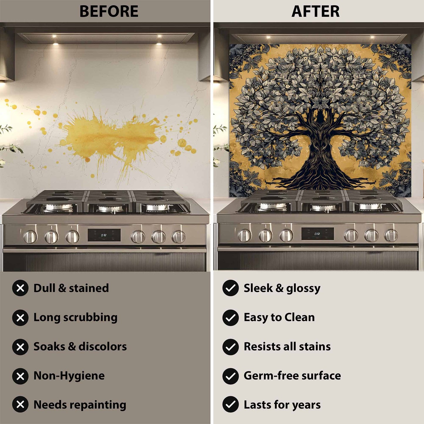 Golden Grove Tree Glass Backsplash – Kitchen Backsplash Tile in Tempered Glass