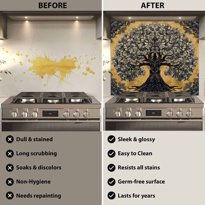 Golden Grove Tree Glass Backsplash – Kitchen Backsplash Tile in Tempered Glass