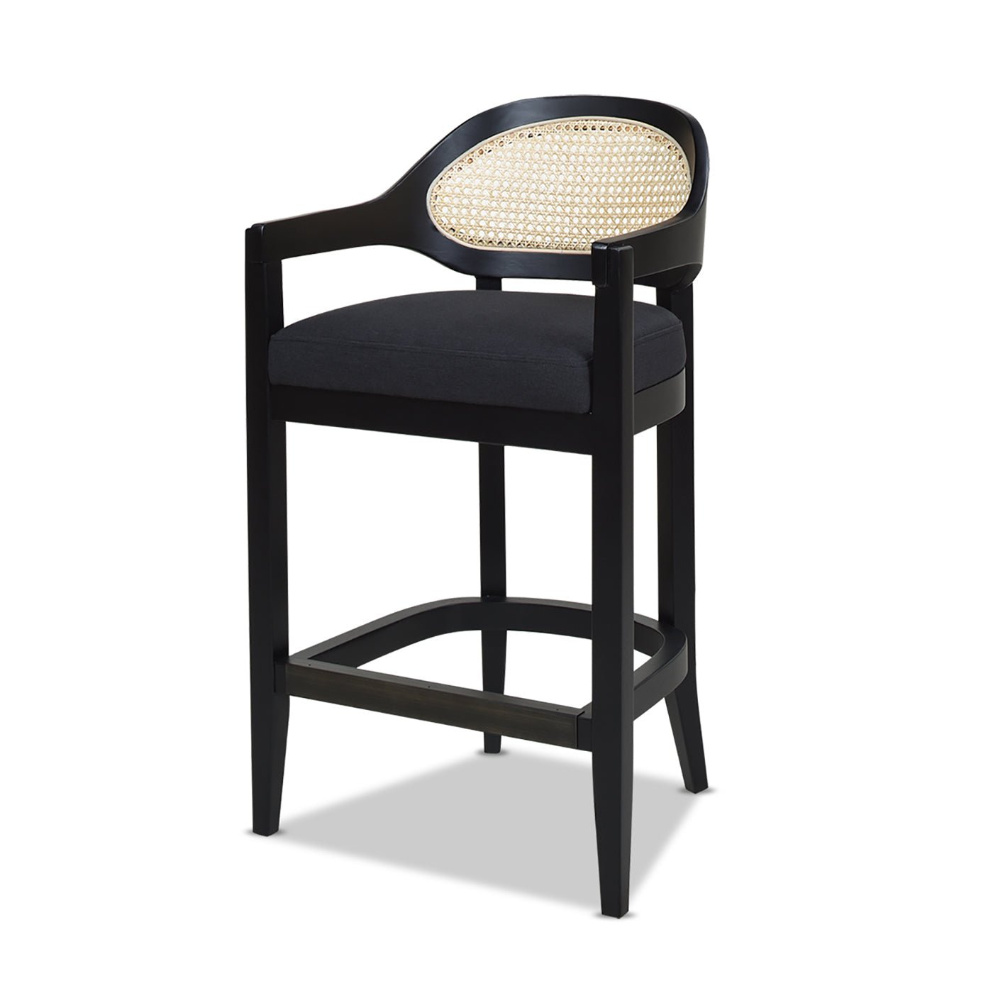 Pyrla 26" Upholstered Counter Stool with Curved Cane Back and Wood Legs