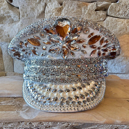 Silver Rhinestone Hat / Sequin Hat / Party Captain Hat / Festival Hat, Burning Man Hat, EDC Hat, Rave Hat / Birthday Hat / Custom Phrase Hat