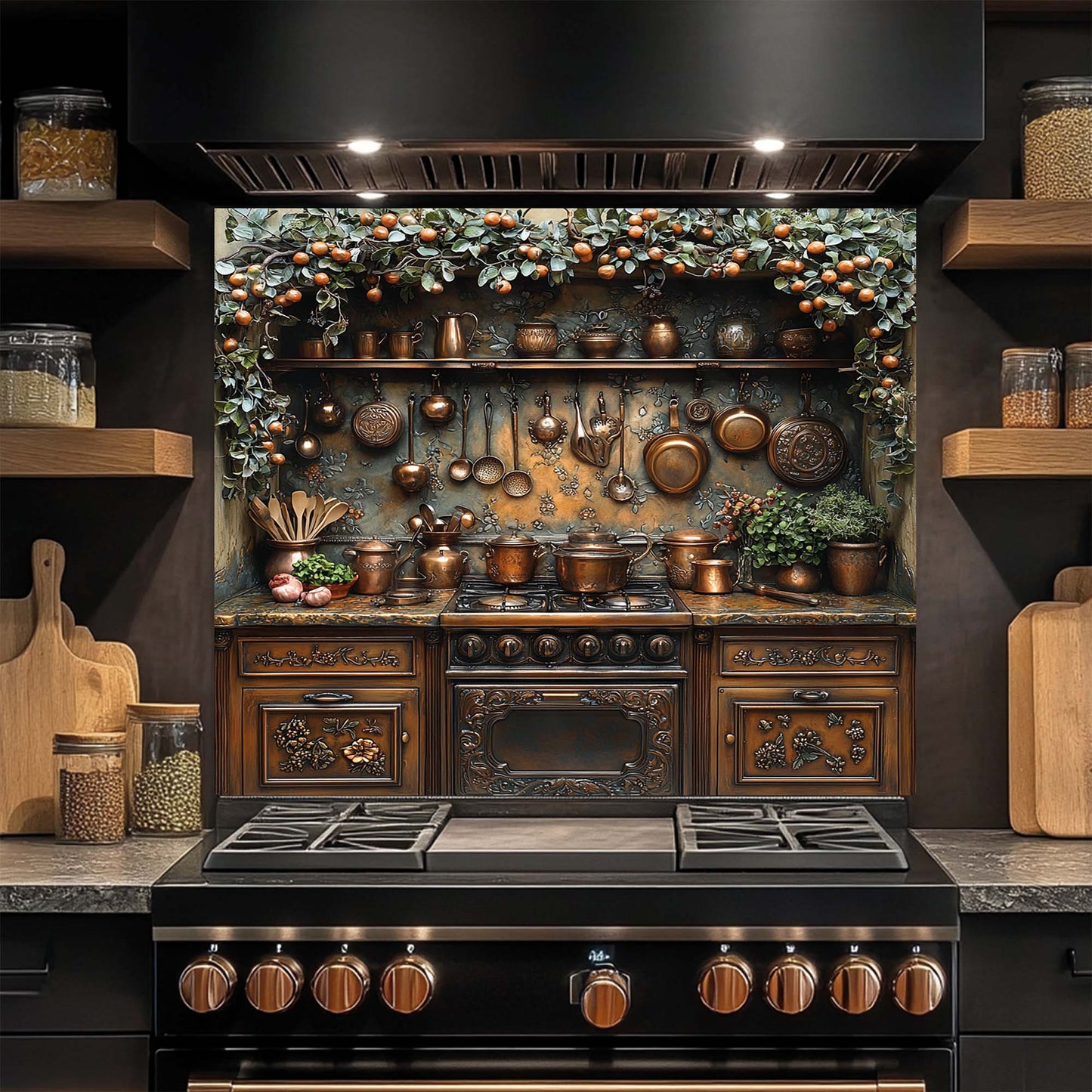 Orchard Hearth – Tempered Glass Backsplash for Kitchen Stove | Copper Look Splashback