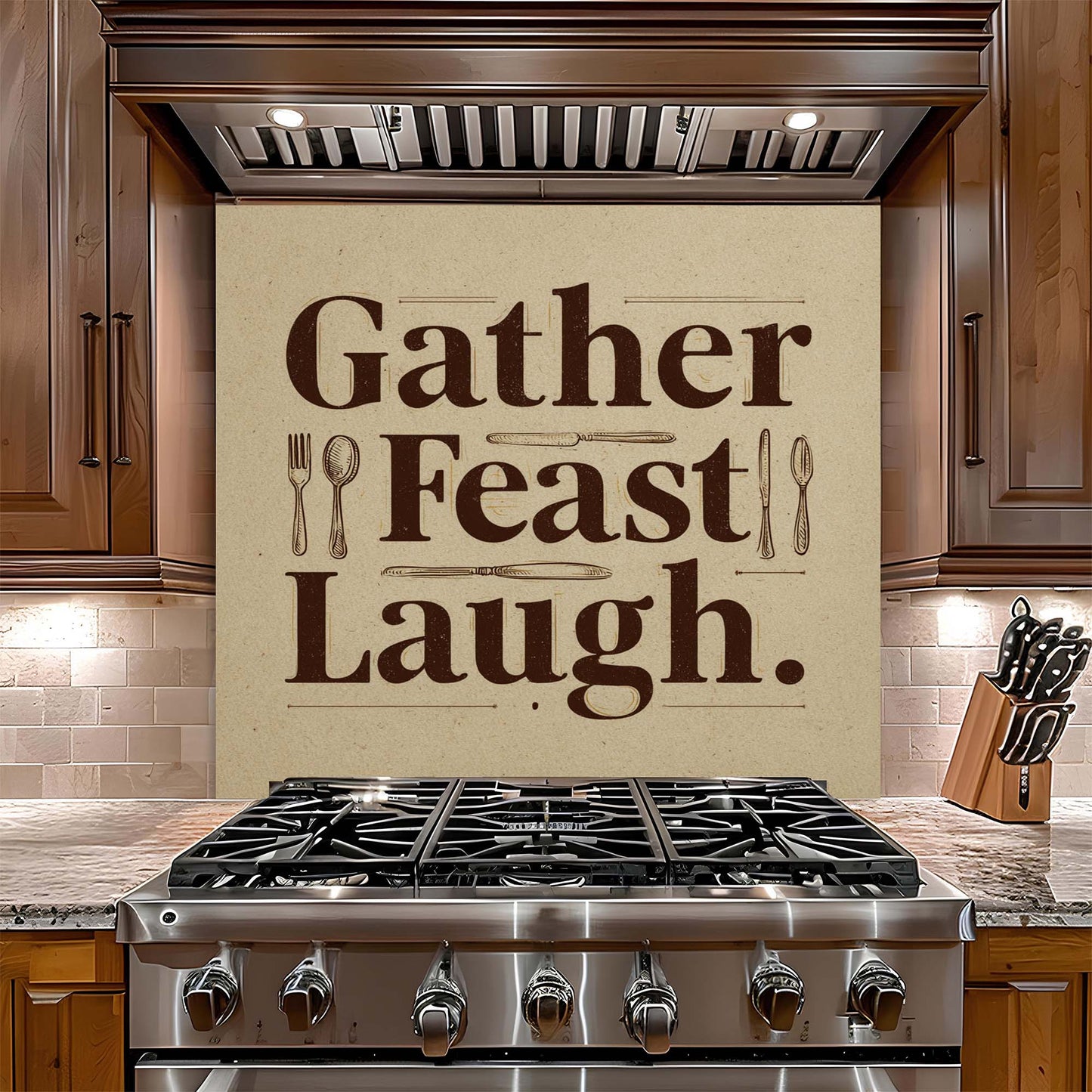 Gather Feast Laugh – Tempered Glass Backsplash for Kitchen – Dining Quote Splashback