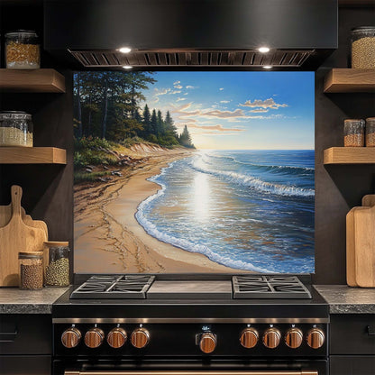 Pine Shore – Tempered Glass Backsplash for Kitchen | Coastal Pine Forest Landscape Backsplash