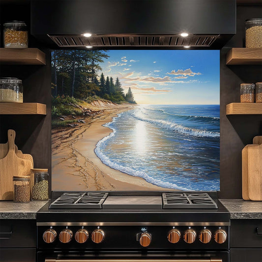 Pine Shore – Tempered Glass Backsplash for Kitchen | Coastal Pine Forest Landscape Backsplash