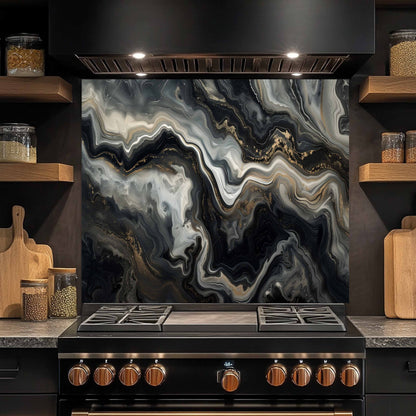 Glass Kitchen Backsplash – Black Gold Marble Flow Abstract Splashback