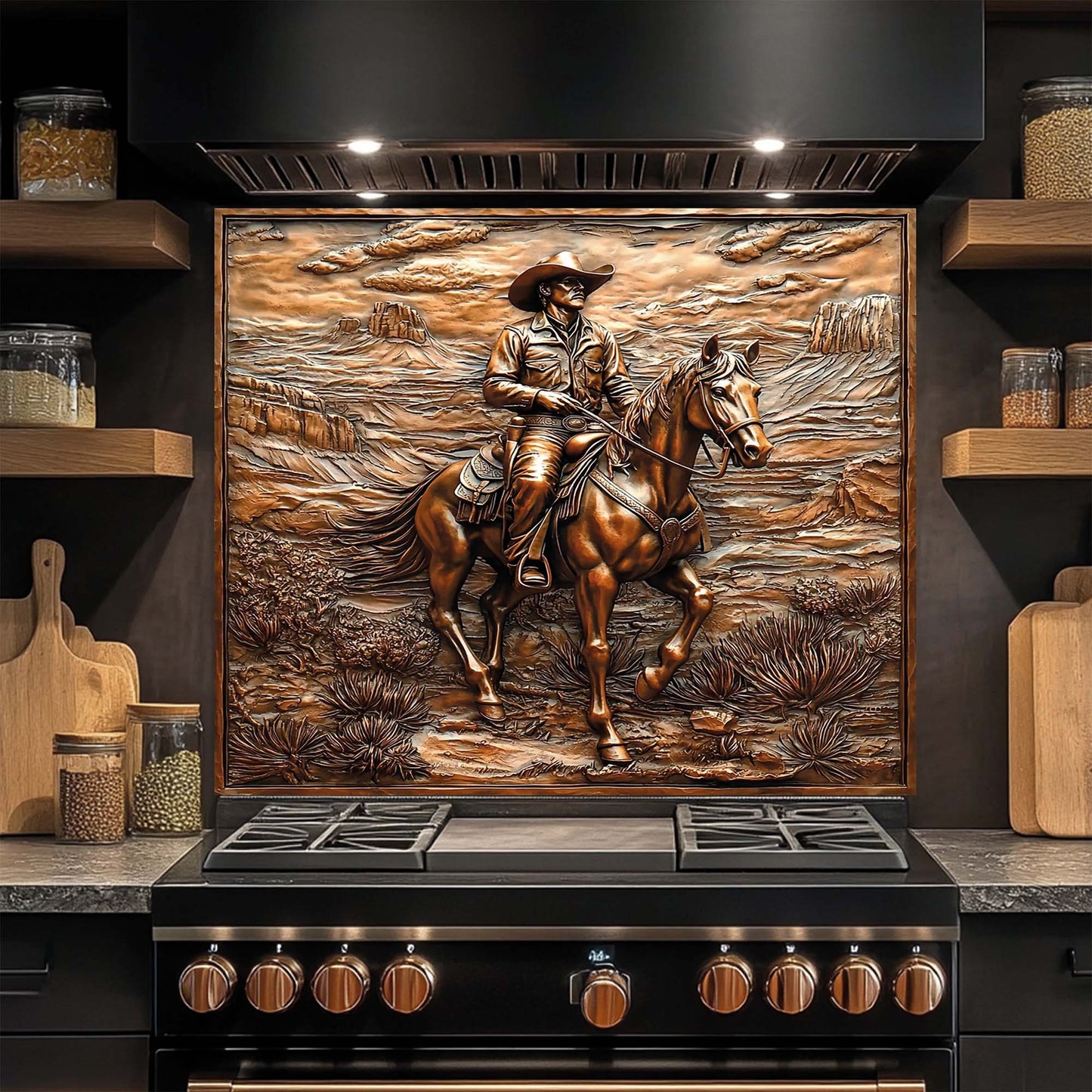 Mesa Rider – Tempered Glass Backsplash with Cowboy and Horse | Landscape Backsplash