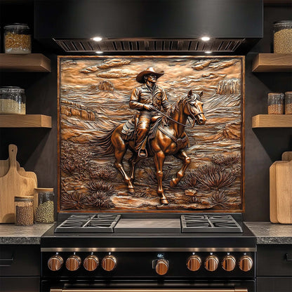 Mesa Rider – Tempered Glass Backsplash with Cowboy and Horse | Landscape Backsplash
