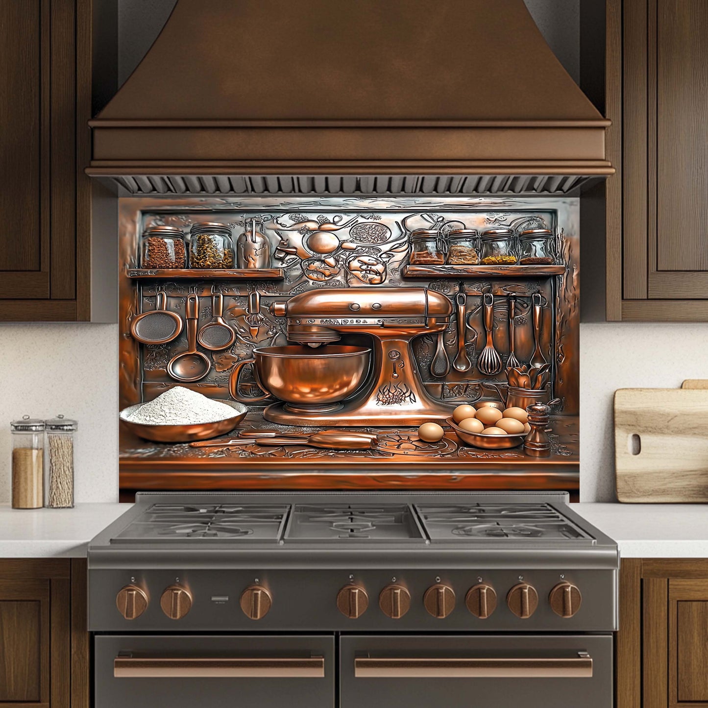 Baker’s Station Tempered Glass Backsplash – Copper Look Rustic Kitchen Backsplash