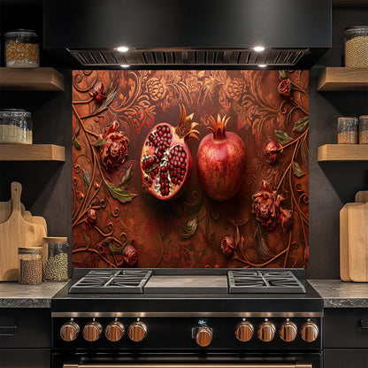Pomegranate Bloom – Tempered Glass Backsplash | Red Fruit & Floral Kitchen Backsplash