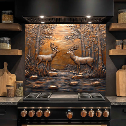 Forest Encounter Tempered Glass Backsplash – Deer Scene Kitchen Backsplash Panel