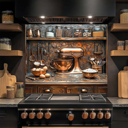 Baker – Tempered Glass Backsplash for Kitchen Stove | Baking Scene in Copper Look