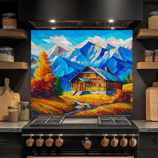 Mountain Cabin Glow – Tempered Glass Backsplash for Kitchen | Rustic Cabin Backsplash