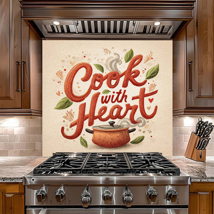 Cook with Heart – Tempered Glass Backsplash for Kitchen – Rustic Pot Kitchen Splashback