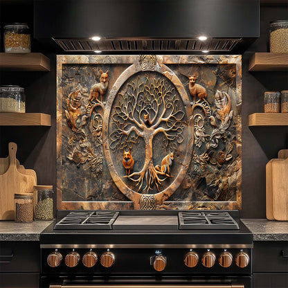 Fox Wisdom Tree – Tempered Glass Backsplash | Tree of Life with Forest Animals Backsplash