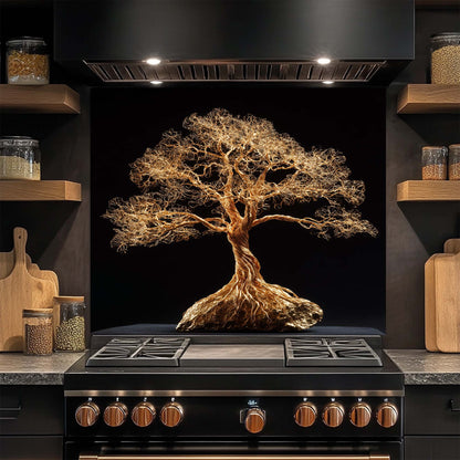 Golden Root – Tempered Glass Backsplash for Kitchen | Tree of Life in Gold Wire Style Backsplash
