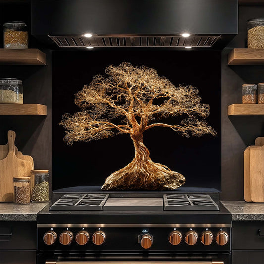 Golden Root – Tempered Glass Backsplash for Kitchen | Tree of Life in Gold Wire Style Backsplash