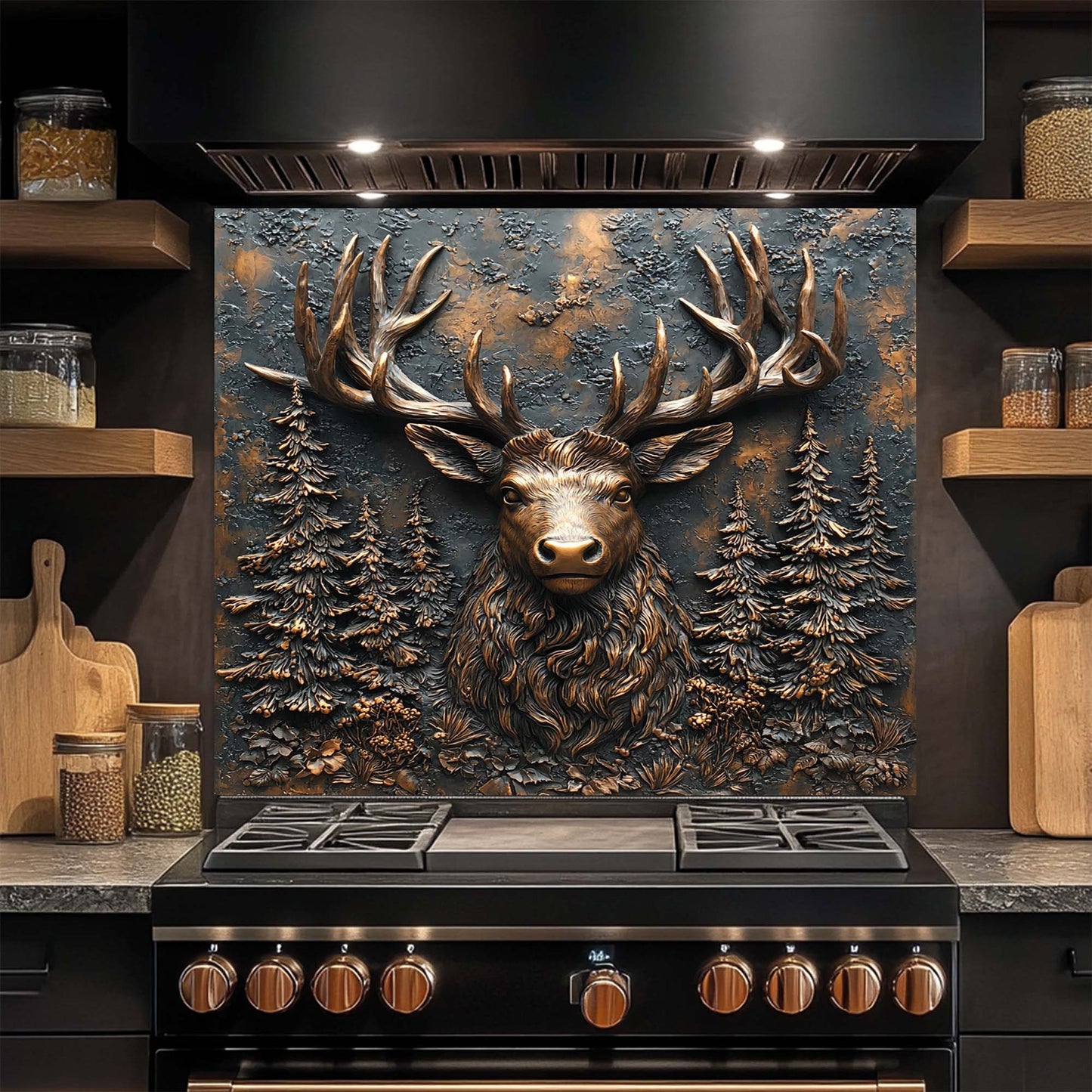 Stag Majesty – Tempered Glass Backsplash for Stove | Copper Deer Head Kitchen Backsplash