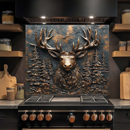 Stag Majesty – Tempered Glass Backsplash for Stove | Copper Deer Head Kitchen Backsplash