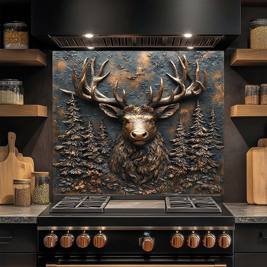 Stag Majesty – Tempered Glass Backsplash for Stove | Copper Deer Head Kitchen Backsplash