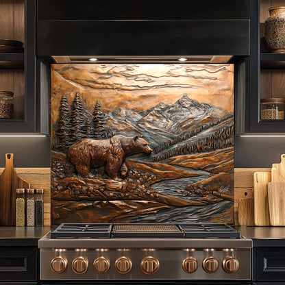 Bronze Grizzly Tempered Glass Backsplash – Mountain Bear Kitchen Backsplash Panel