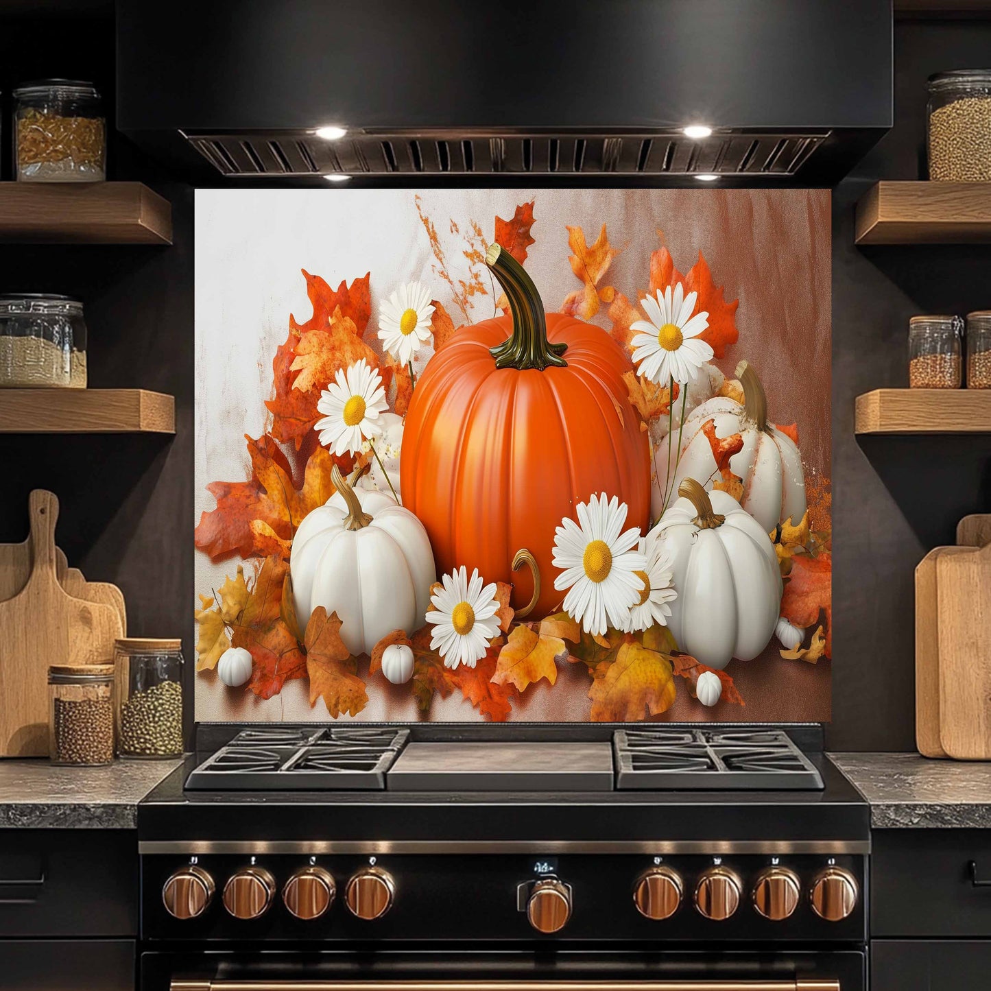 Pumpkin Bloom Tempered Glass Backsplash – Autumn Floral Kitchen Wall Art