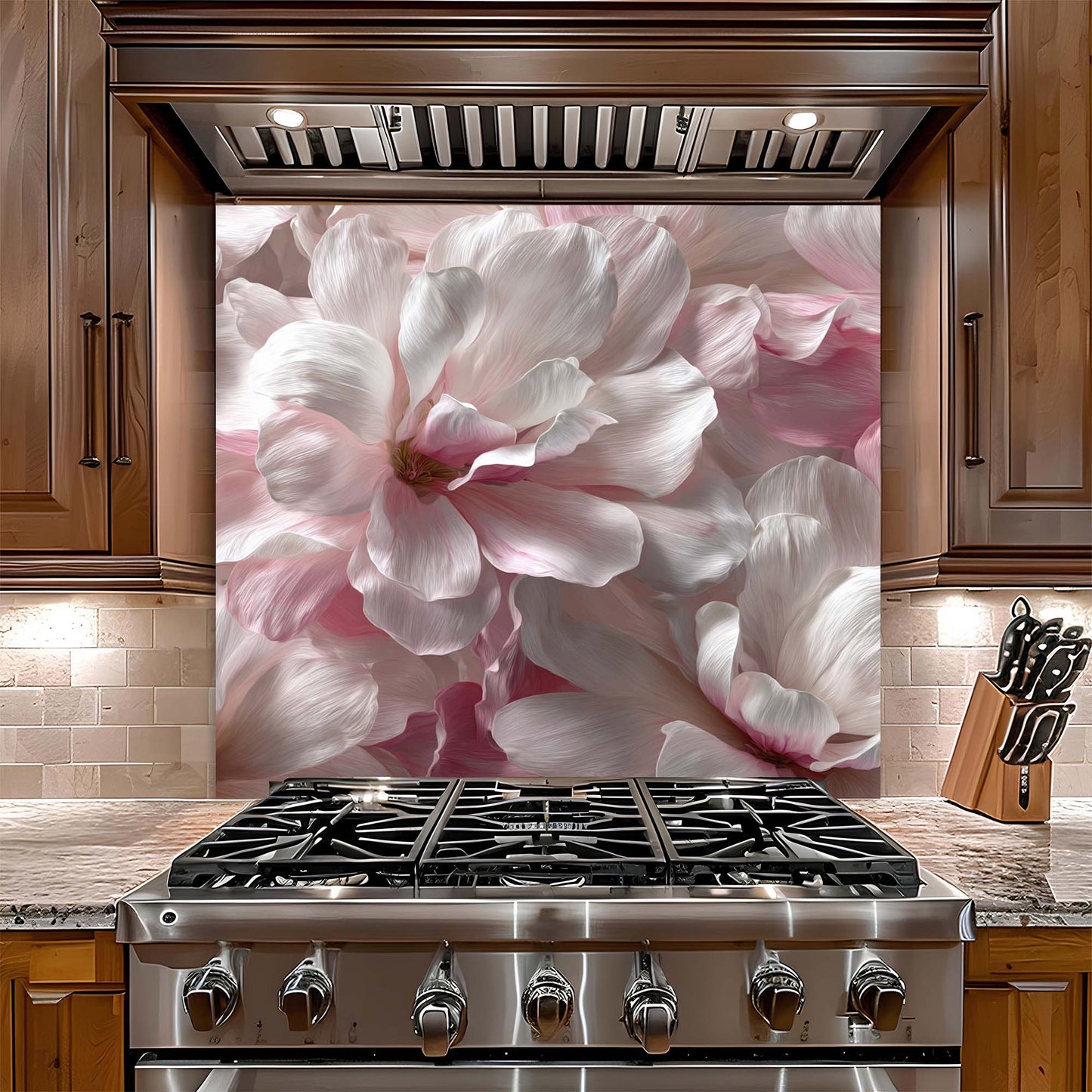Blush Magnolia – Tempered Glass Backsplash for Kitchen – Pink Floral Kitchen Splashback