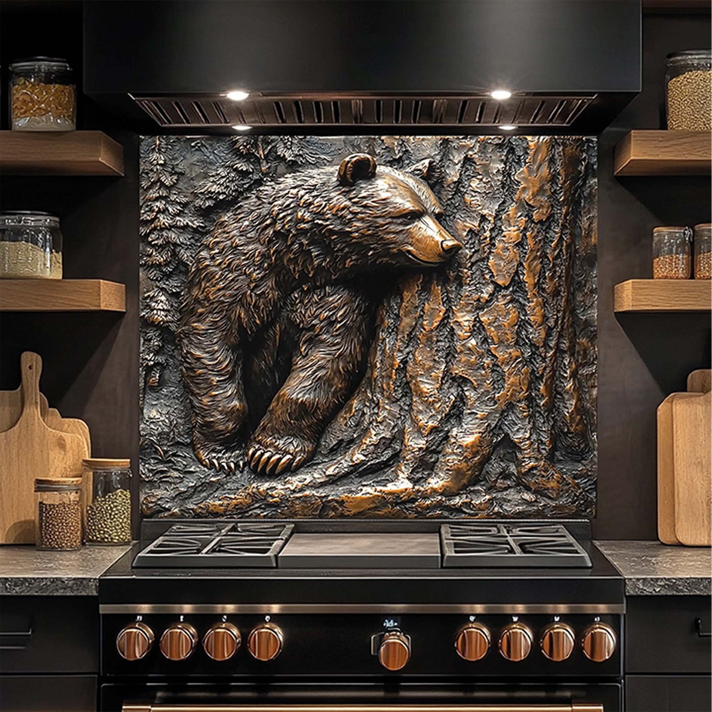 Pine Hide – Tempered Glass Backsplash for Kitchen Stove | Copper Look Bear & Tree Design