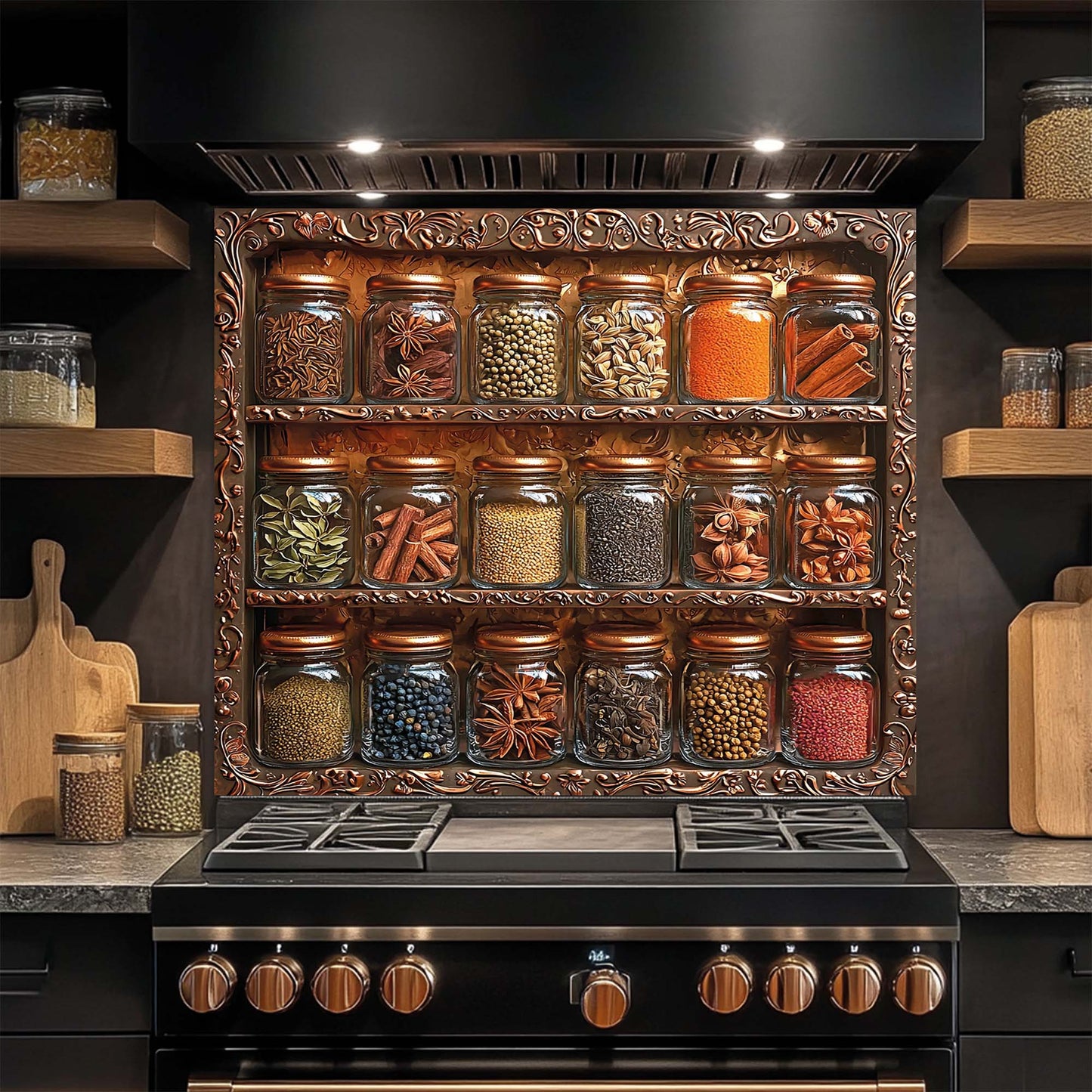 Spice Harmony – Tempered Glass Backsplash for Kitchen | Copper Look Spice Jar Splashback