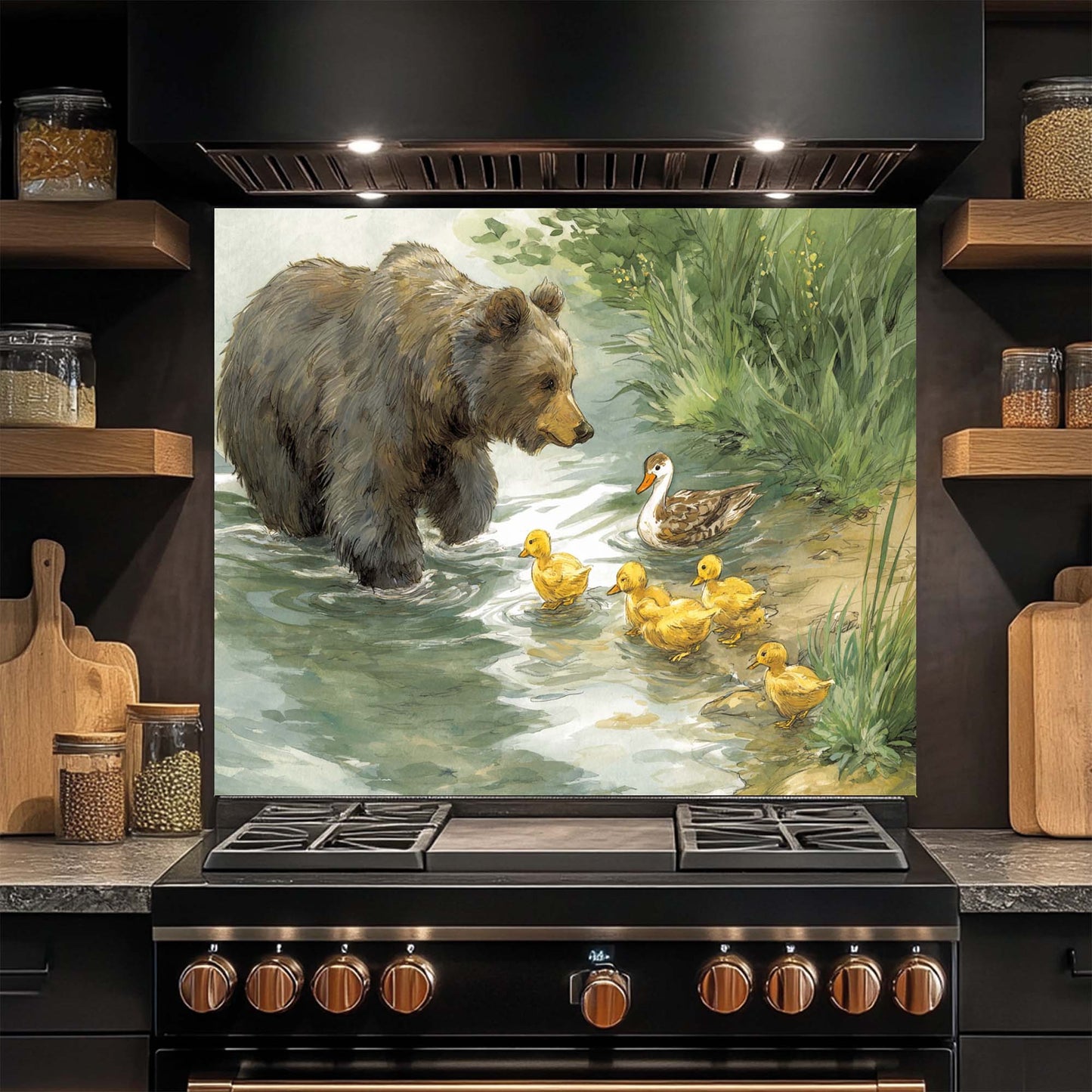 Duckling Stroll – Tempered Glass Backsplash for Kitchen Stove | Bear and Duck Backsplash