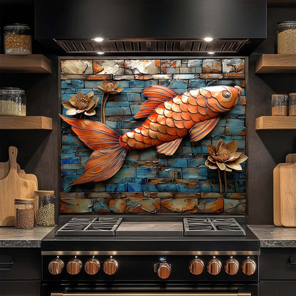 Copper Koi – Tempered Glass Backsplash for Kitchen | Fish and Lotus Copper Look Backsplash