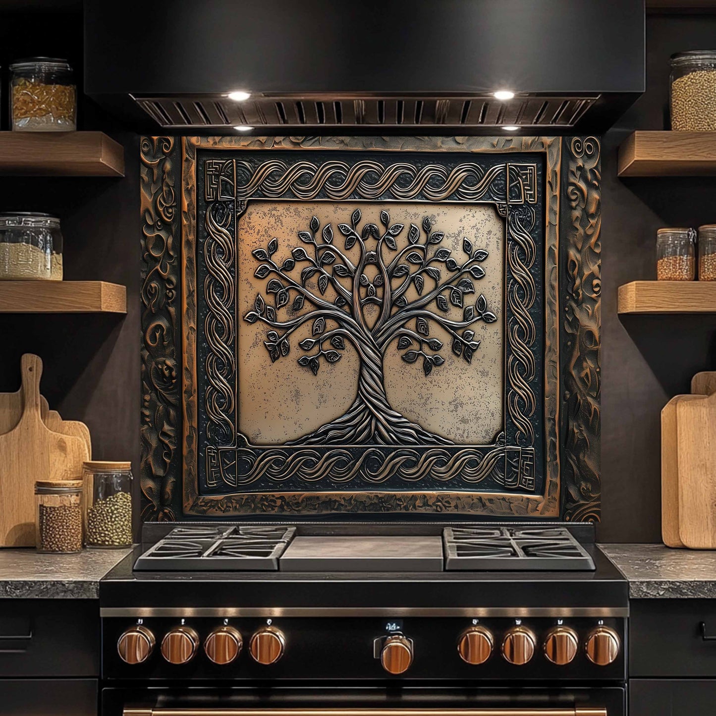 Custom Kitchen Backsplash – Bronze Heritage Tempered Glass Stove Backsplash