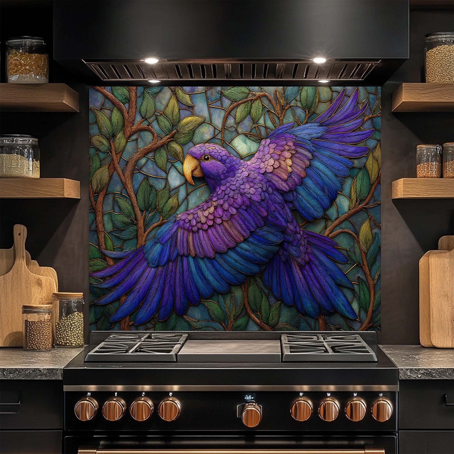 Azure Harmony – Tempered Glass Backsplash for Kitchen Stove | Purple Blue Bird Backsplash