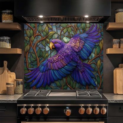 Azure Harmony – Tempered Glass Backsplash for Kitchen Stove | Purple Blue Bird Backsplash