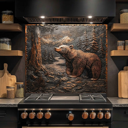 Forest Watch Tempered Glass Backsplash – Copper Bear & River Scene Splashback