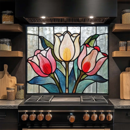Tulip Trio – Tempered Glass Backsplash for Kitchen Stove | Stained Glass Look Tulip Backsplash