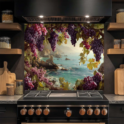 Coastal Grapevine – Tempered Glass Backsplash for Stove | Vineyard Ocean View Backsplash