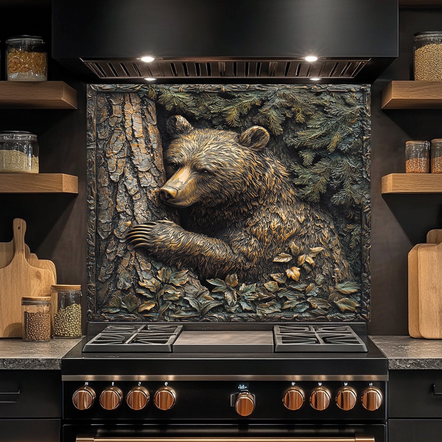 Forest Hug – Tempered Glass Backsplash for Rustic Kitchen | Bear & Pine Tree Copper Look