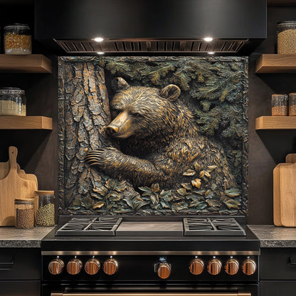 Forest Hug – Tempered Glass Backsplash for Rustic Kitchen | Bear & Pine Tree Copper Look